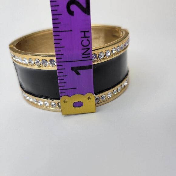 Black Enamel and Gold Tone Hinged Crystal Bracelet - Picture 8 of 10